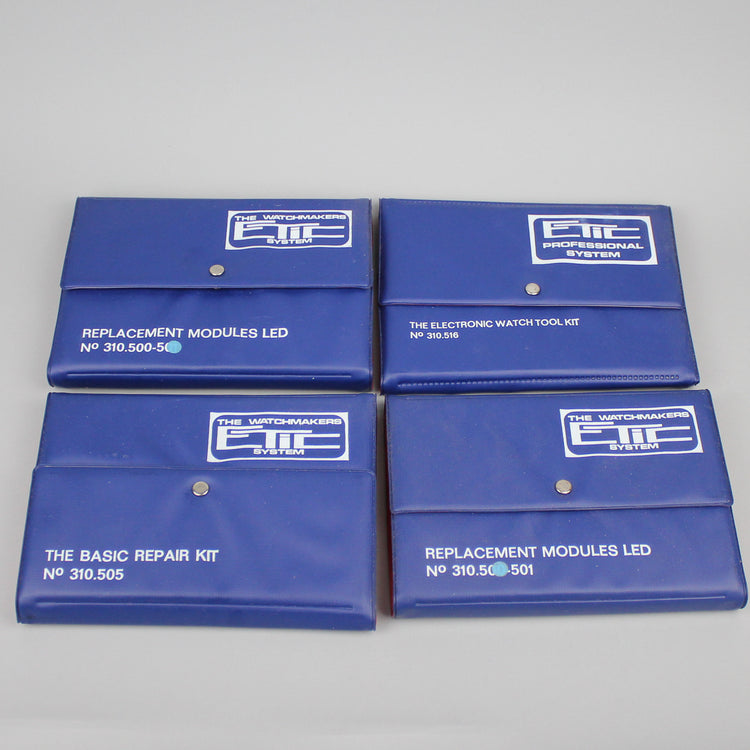 Four Etic tool sets for repairing watches, some parts are missing.