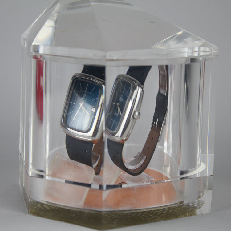 Detail of closed vintage Omega watch stand with vintage Omega