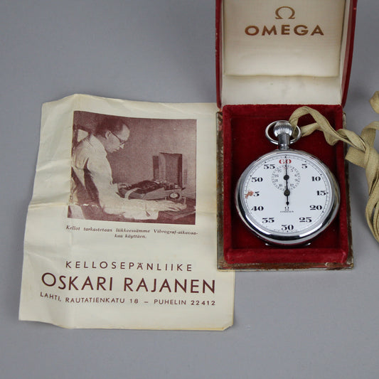 Vintage Omega stopwatch full set front with papers