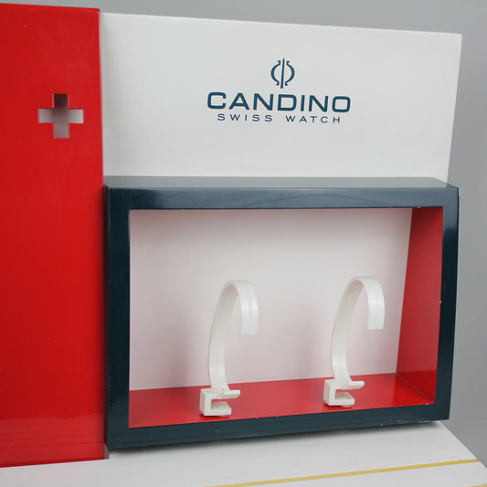 Detail view of Candino's colorful watch stand, for two watches.