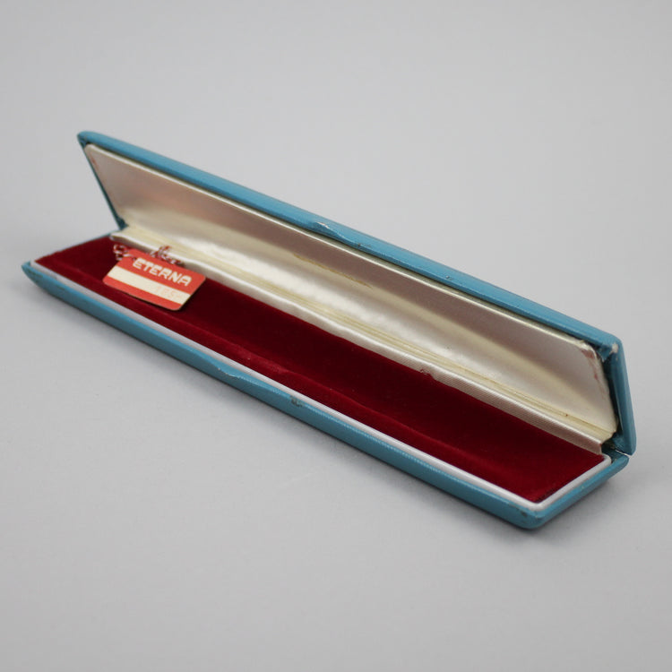 Eterna light blue watch box with hang tag.