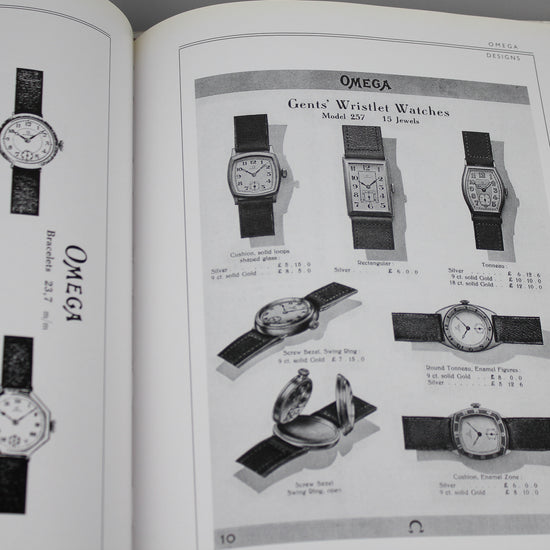 Omega Designs book pages image of vintage Omega watches black and white