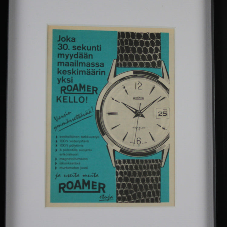 Roamer black and blue wristwatch magazine advertisement framed detail