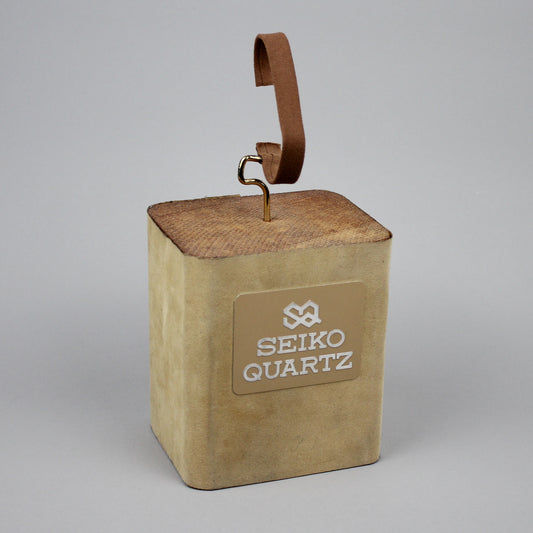 front view of wooden Seiko watch stand for one watch.