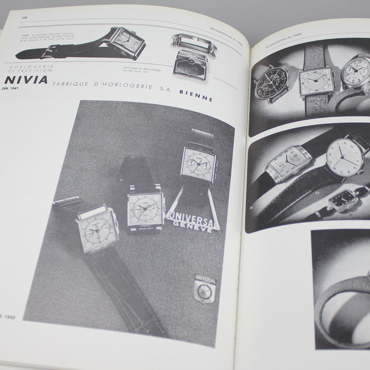 Swiss Wristwatches book back page full of vintage Universal Geneve watch images.