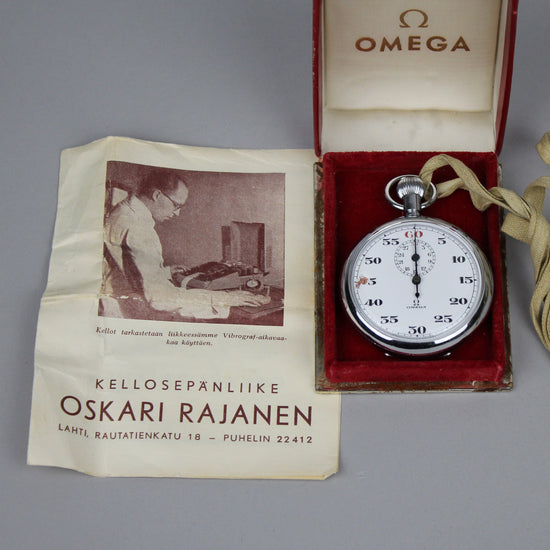 Vintage Omega stopwatch full set front with papers
