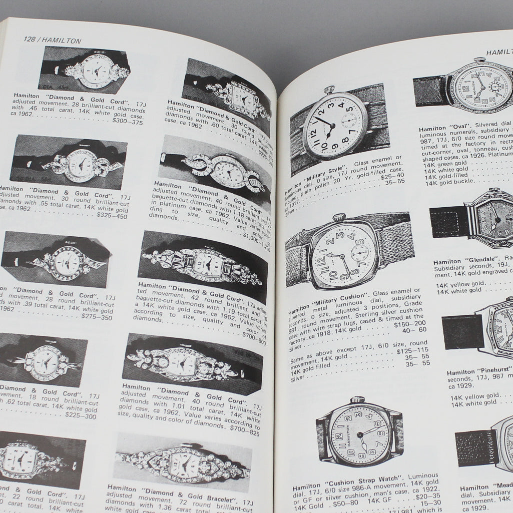 Vintage watch price quide book pages full of wristwatch images