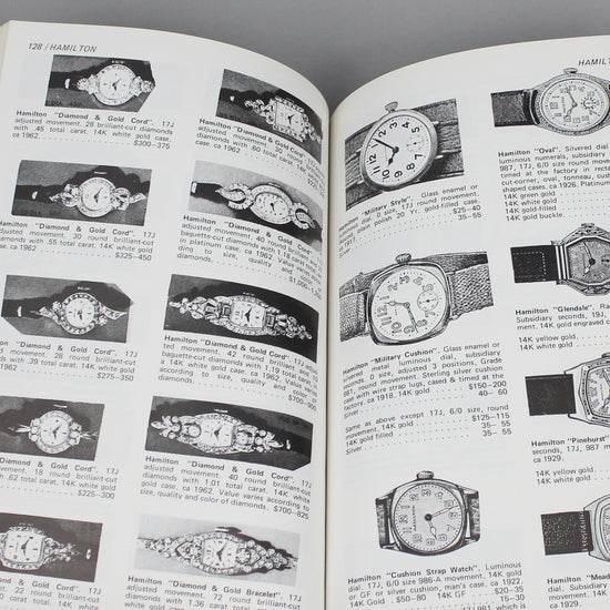 Vintage watch price quide book pages full of wristwatch images