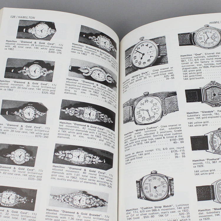 Vintage watch price quide book pages full of wristwatch images